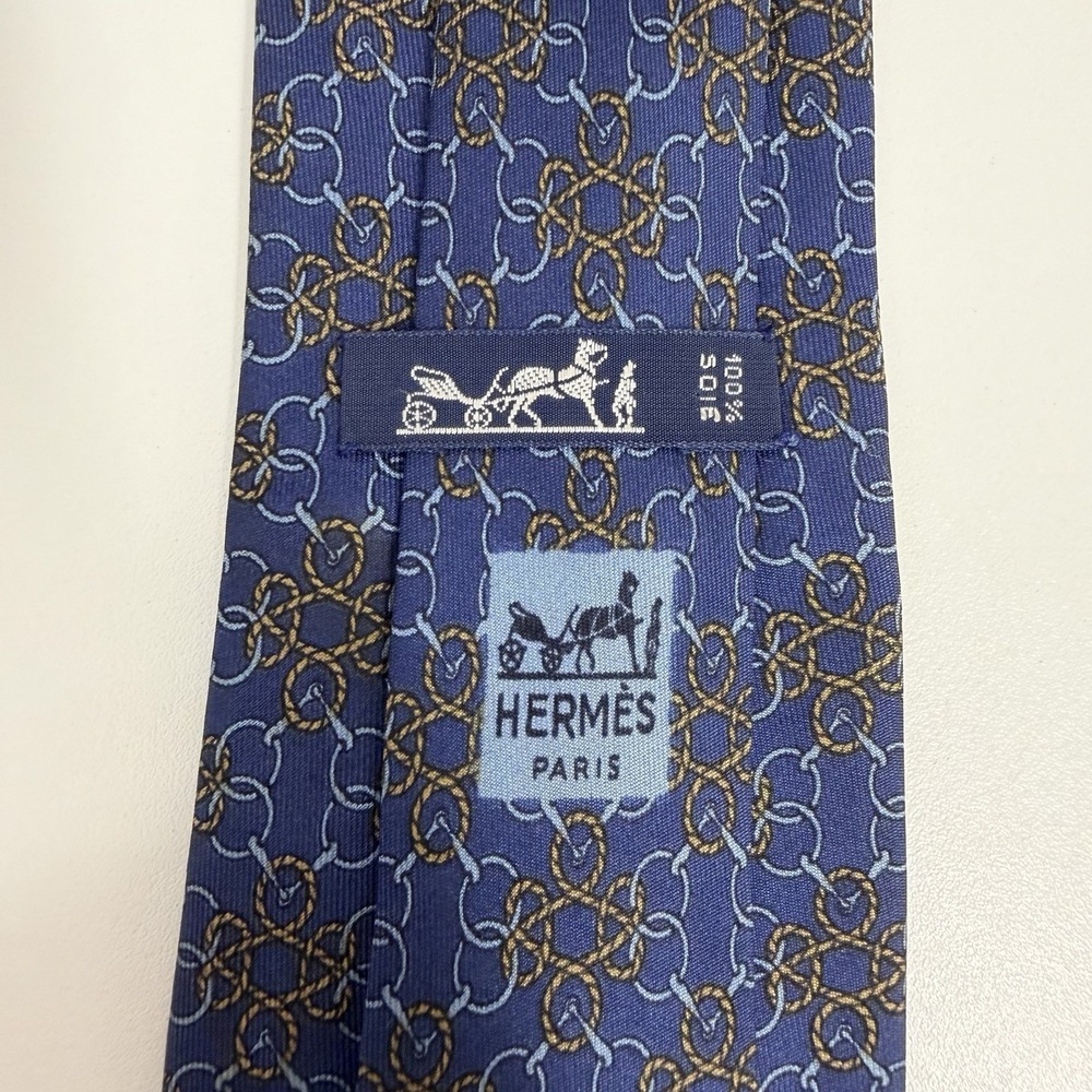 Hermes Men's Vtg Tie Links & Ropes Navy & Brown Silk 760 UA 3 1/8" (W) x 57" (L)